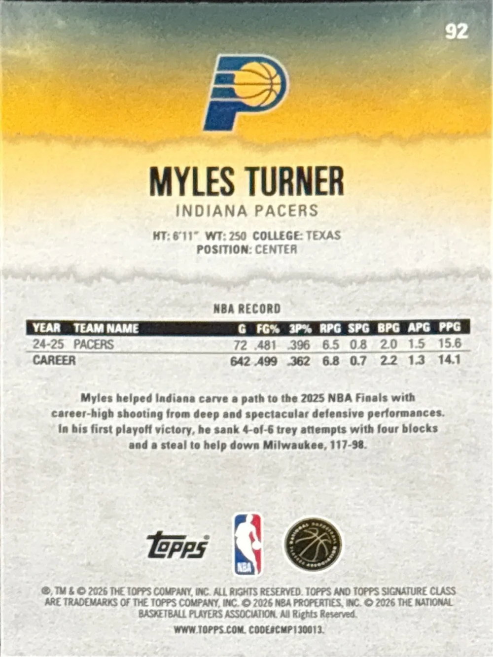 Topps Indiana Pacers Gold Refractor  Myles Turner Basketball Trading Card